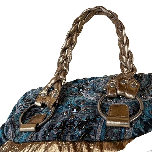 Womens Hand Bag Purse STUDDED EMBELLISHED Gems Embroidered Paisley Print Braided - Picture 9 of 14